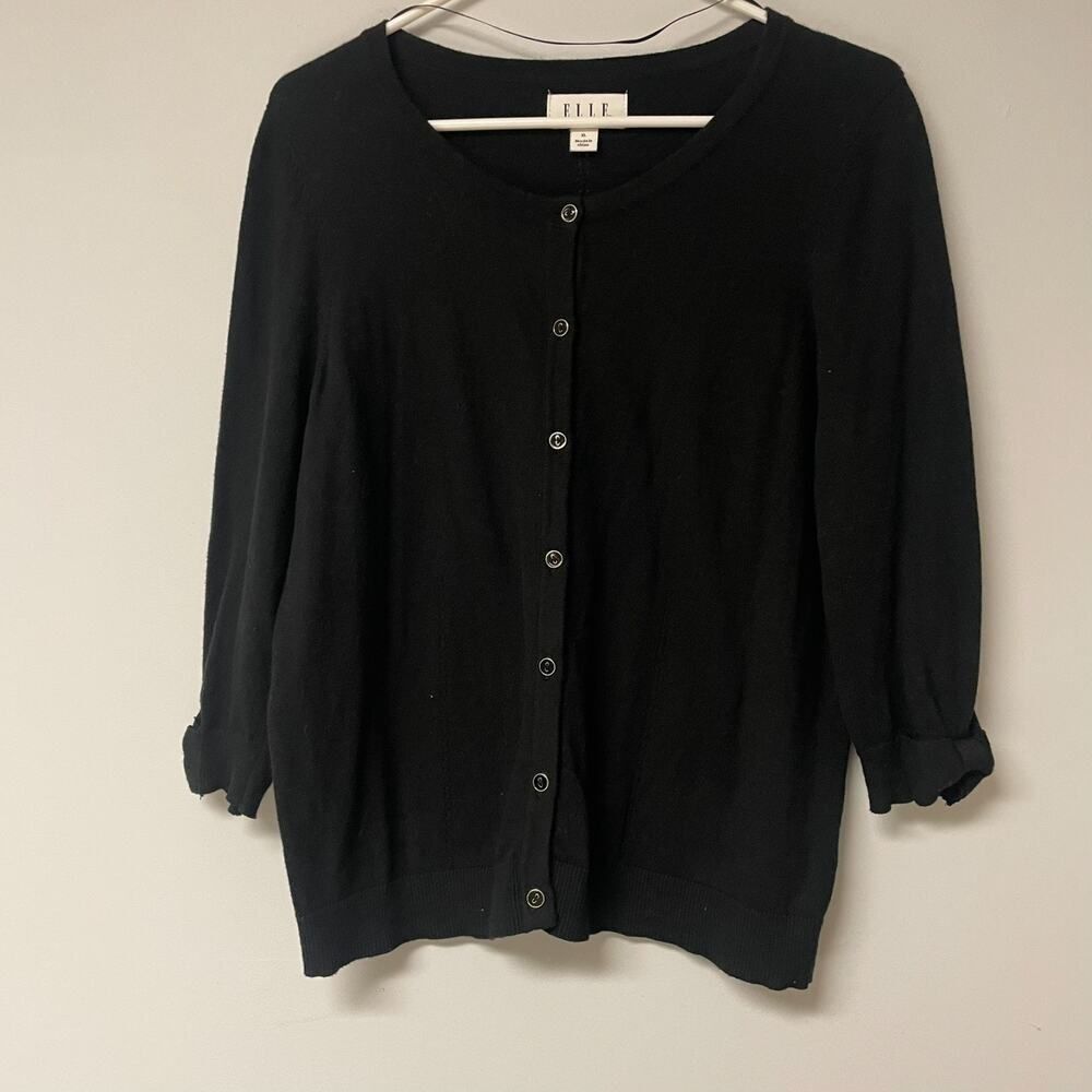 Elle Womens Button Cardigan XL Black 3/4 Sleeve Classic Timeless Career Sweater